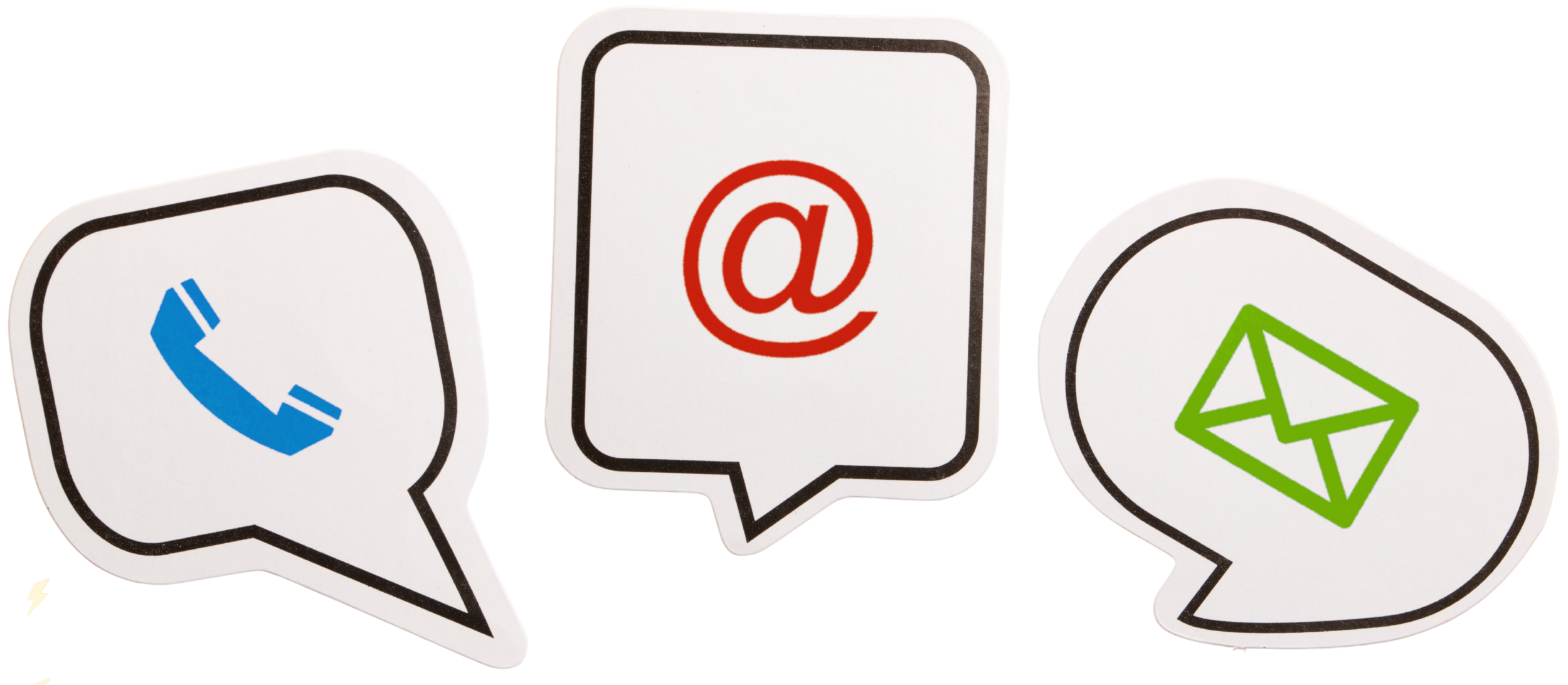 A telephone icon, @ icon and email icon