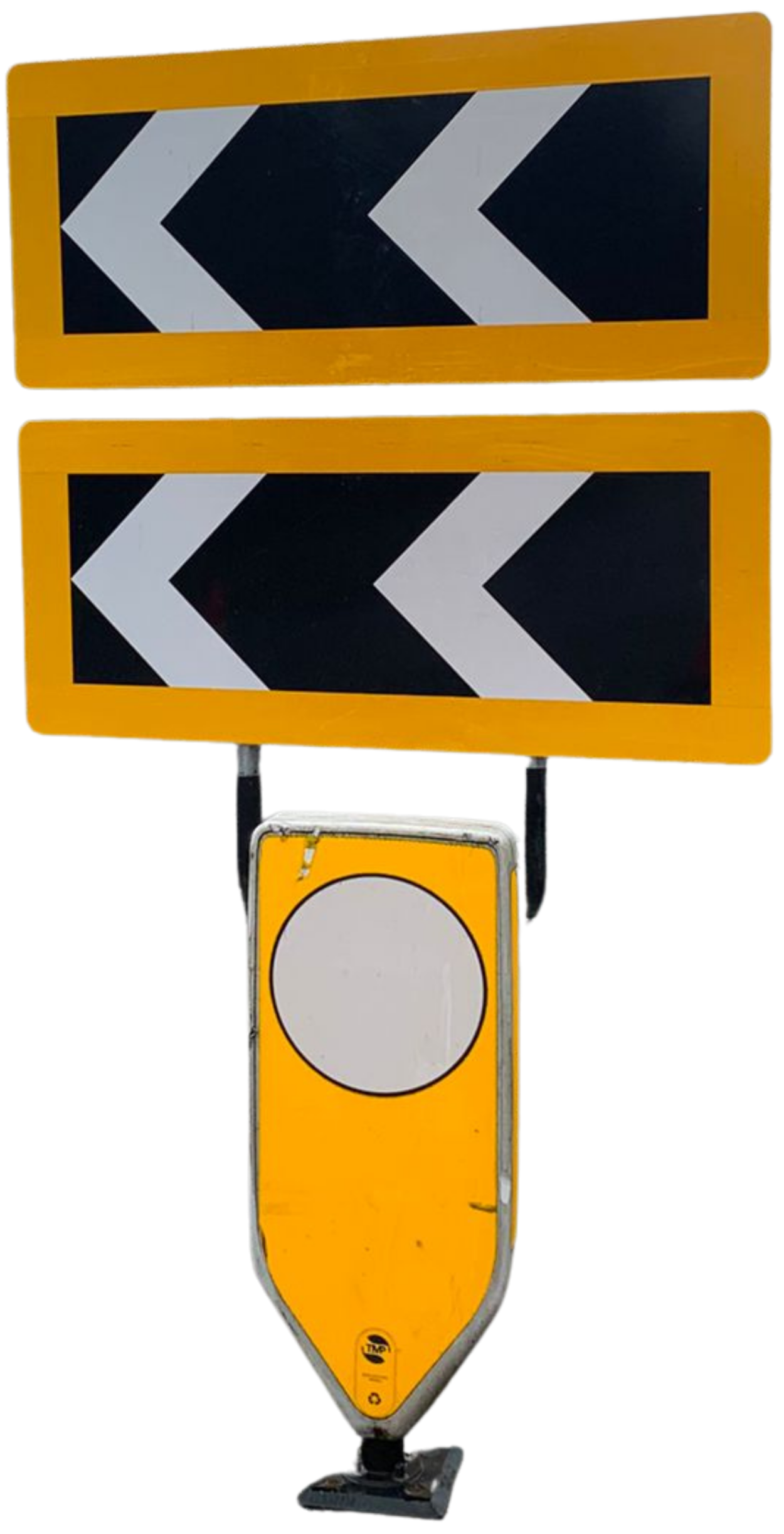 A large yellow bollard with black and white roundabout chevrons pointing to the left