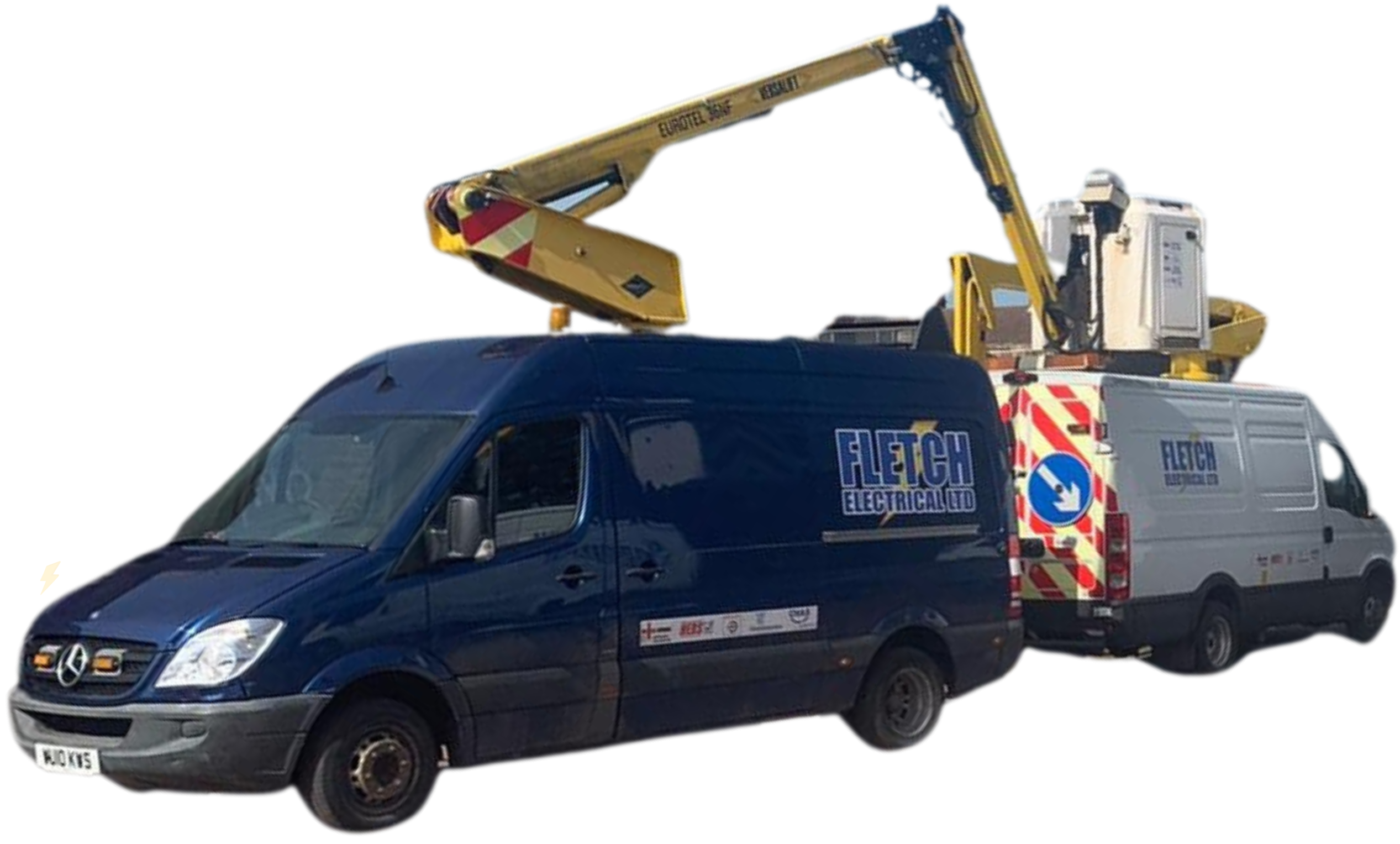 A blue Fletch Electrical panel van with it's cherry picker raised facing forwards with a white panel van behind it
